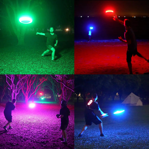 Rgb Led Flying Disc With 108 Multicolor LEDs Auto Light Up And Smart Modes in use by people outdoors at night