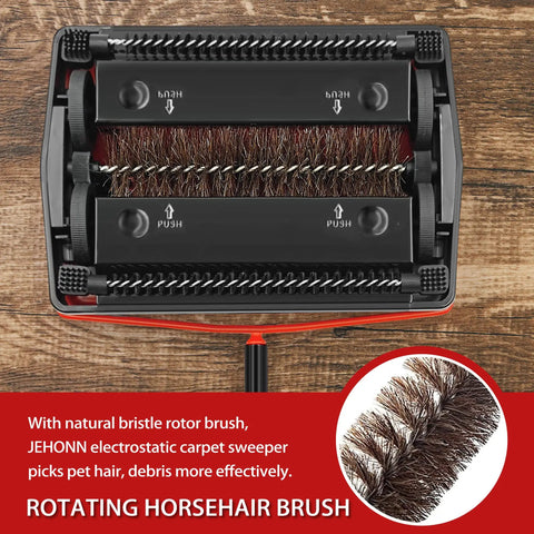 Manual Carpet Floor Sweeper With Tough Horsehair Rollers To Snag Pet Hair And Crumbs Plug Free Unit keeps floors spotless, featuring rotating horsehair brush.