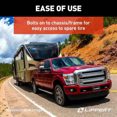 RVs Spare Tire Winch With Offset Cable Black Designed To Match Original Equipment For Quick Bolt On Replacement And Easy Installation On RVs Trucks And Trailers Ideal Spare Tire Access And Durable Construction