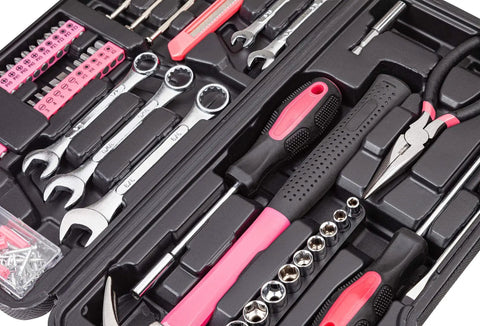 148 Piece General Household Tool Set With Pink Plastic Toolbox Storage Case For DIY Home Repairs And Craft Projects Includes Durable Heat Treated Hand Tools