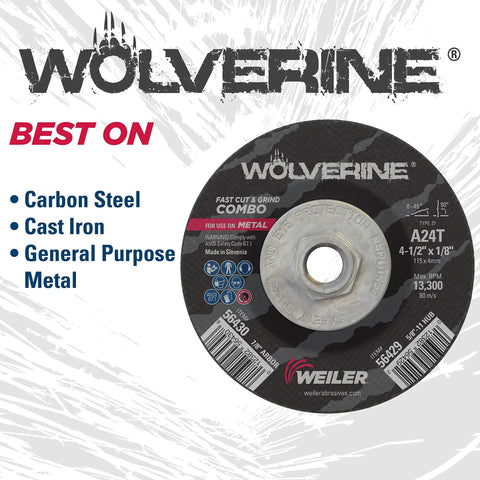 Image of Wolverine Type 27 Cut And Grind Combo Wheel A24T Aluminum Oxide 4.5 Inch Diameter 1/8 Inch Thick With 5/8 Inch 11 UNC Nut.