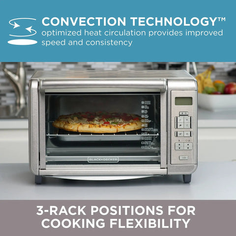 Six Slice Digital Convection Countertop Toaster Oven With Stainless Steel Finish baking a pizza, showcasing digital controls.