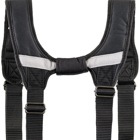 Suspender detail of One Size Fits All Carpenter And Framer Construction Rig With Suspenders And Two Bag Tool Belt 24 Pockets In Gray And Black