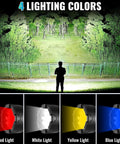 Rechargeable Spotlight 2,000,000 Lumen Handheld Searchlight With Foldable Tripod showcasing four lighting colors at night