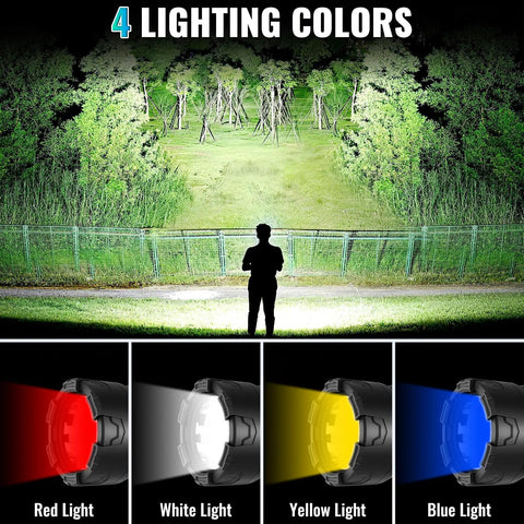 Rechargeable Spotlight 2,000,000 Lumen Handheld Searchlight With Foldable Tripod showcasing four lighting colors at night