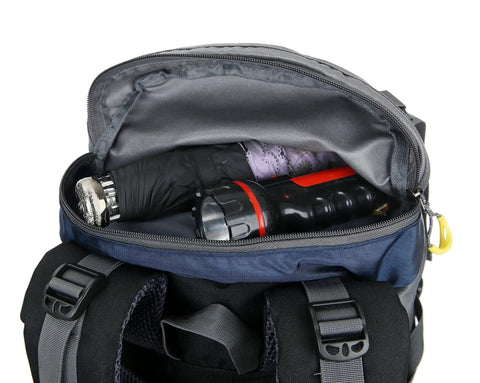 Open top view of 50L Waterproof Hiking Backpack With Rain Cover For Outdoor Adventures showing packed items and front pockets