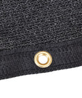 Close-up of black knitted mesh tarp with copper grommet, part of Heavy Duty Water Resistant Knitted Mesh Tarp 16 By 24 Feet Black