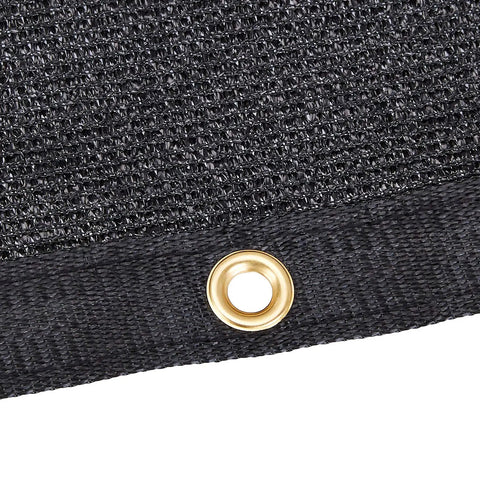 Close-up of black knitted mesh tarp with copper grommet, part of Heavy Duty Water Resistant Knitted Mesh Tarp 16 By 24 Feet Black