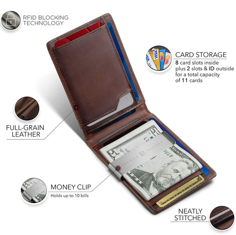 Open AirTag Wallet With RFID Blocking For Men Minimalist Slim Bifold Money Clip Full Grain Leather Front Pocket Card Organizer
