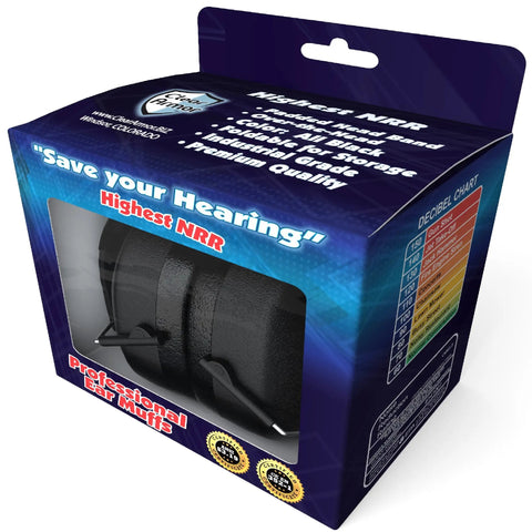 Box packaging for Ultra Comfortable Safety Ear Muffs with 31.5 dB SNR Noise Reduction for hunting and gun range.