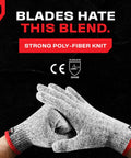 Pro Grade Cut Resistant Kitchen Gloves For Food Grade Safety Level 5 Meat Cutting For Chefs And Butchers With Superior Comfort And Dexterity Perfect For Mandolines And Oyster Shucking shown against black background highlighting poly-fiber knit material