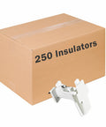 Wood Post Insulator For Poly Tape Electric Fence 250 Pack No Brainer Quick Install With Locking Tape Holder next to packaging box