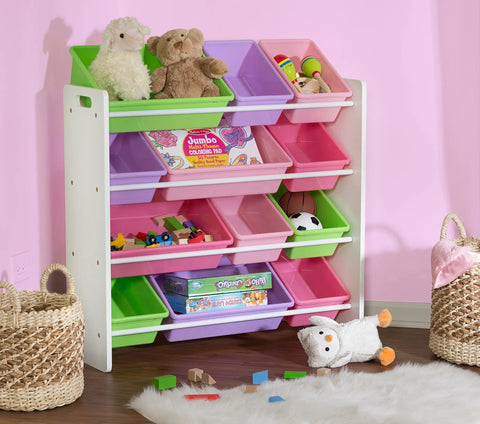 Kids Toy Storage Organizer With Bins In Pastel Colors, Wall Mounted Design With 12 Bins Across Four Tiers, BPA Free Safe To Use For Playrooms