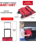 Ultra Compact Cooler Smart Cart Red Insulated Collapsible Rolling Tote For Tailgate BBQ Beach And Summer Trips Lightweight Under 3 Lbs With Locking Telescoping Handle Keeps Ice Cream And Popsicles Frozen On The Go folded dimensions shown