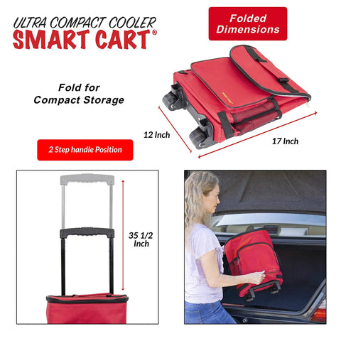 Ultra Compact Cooler Smart Cart Red Insulated Collapsible Rolling Tote For Tailgate BBQ Beach And Summer Trips Lightweight Under 3 Lbs With Locking Telescoping Handle Keeps Ice Cream And Popsicles Frozen On The Go folded dimensions shown