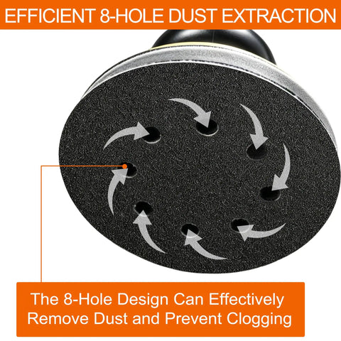 Close-up of efficient 8-hole design on 5-inch sanding disc from 120 Piece 5 Inch 8 Hole Sanding Discs Kit With Interface Pad Wet Dry Sandpaper Set Grit 80 To 3000 For Random Orbital Sander Pro Grade Automotive Wood Metal Plastic Polishing