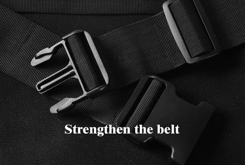 Six Pocket Tool Belt Pouch For Carpenters And Gardeners With Adjustable Waist Belt buckle close-up on black fabric