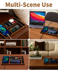 Acacia Wood Leather Valet Tray With Charging Port Multi Space Desk Organizer used in various settings: nightstand, office, teapoy, study room.