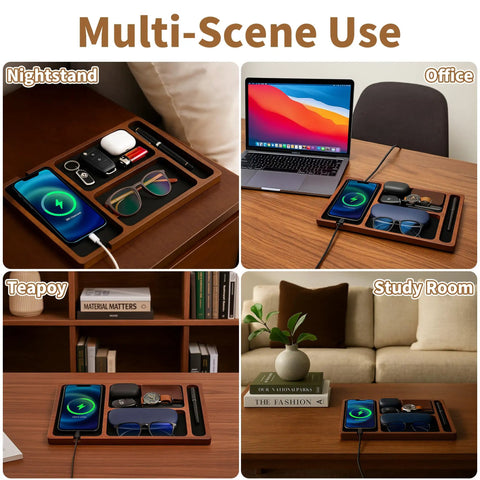 Acacia Wood Leather Valet Tray With Charging Port Multi Space Desk Organizer used in various settings: nightstand, office, teapoy, study room.