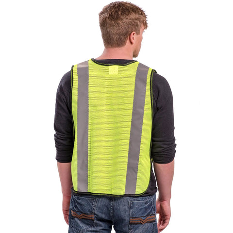 Back view of a man wearing Hi Vis Safety Vest With 2 Inch Reflective Strips In Neon Yellow, Breathable Polyester Mesh, All Day And Night Visibility