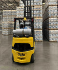 Forklift with Steel Forklift Propane Tank 43.5Lb With Gauge DOT And TC Compliant Heavy Duty Build in warehouse