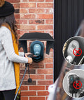 Woman using EV Charger Protective Cover Heavy Duty Rust Proof Steel Shell Weatherproof Enclosure For Electric Vehicle Stations.