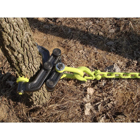 Heavy Duty Steel 360 Degree Tree Stump Remover Attachment for Tractors and ATVs gripping a tree stump, green color.