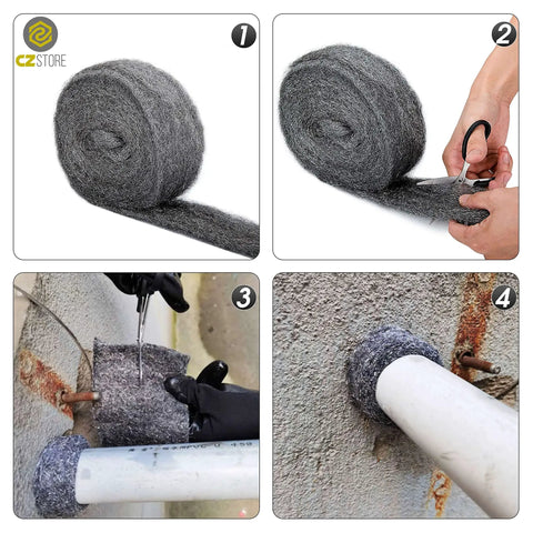 Stainless Steel Wool 13 Ft Grade 0000 Metal Wire Mesh for cleaning pipes and delicate surfaces, shown cut and applied by hand.