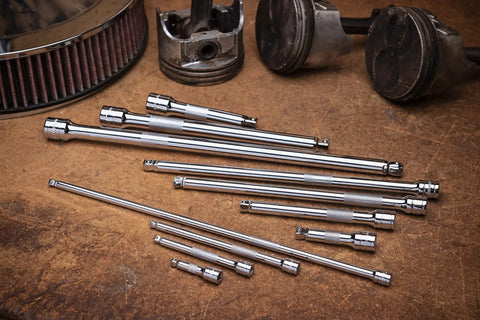 11 Piece Wobble Extension Set with Ball Detent, chrome finish, featuring various sizes for secure socket retention and easy control.