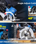 Heavy Duty Brushless Cordless Circular Saw With Twenty Volt Max Motor cutting at 45 degree angle and max depth of 65mm.