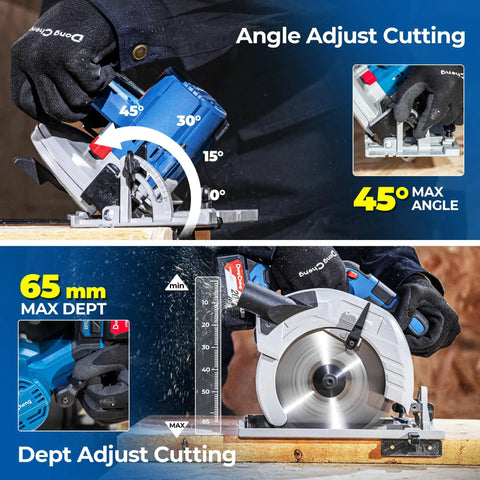 Heavy Duty Brushless Cordless Circular Saw With Twenty Volt Max Motor cutting at 45 degree angle and max depth of 65mm.
