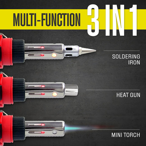 Cordless Butane Soldering Iron Kit With 3 In 1 Soldering, Jewelry And Heat Shrink Torch diagram showing soldering, heat gun, mini torch.