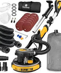 Powerful 780W Electric Drywall Sander With Vacuum Attachment And Auto Dust Absorption, including accessories and carrying bag.