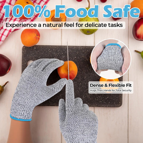 Kids Cut Resistant Gloves For Cooking And Crafting, 100 Percent Food Safe, Breathable And Lightweight shown slicing fruit