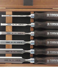 Heavy Duty 6 Piece Woodworking Chisel Set Featuring Tough Chrome Manganese Steel Blades And Razor Sharp 25 Degree Bevels Packing In A Top Notch Slick Wooden Presentation Box For Weekend Warriors And Pro Carpenters.