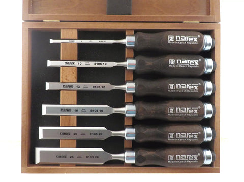 Heavy Duty 6 Piece Woodworking Chisel Set Featuring Tough Chrome Manganese Steel Blades And Razor Sharp 25 Degree Bevels Packing In A Top Notch Slick Wooden Presentation Box For Weekend Warriors And Pro Carpenters.
