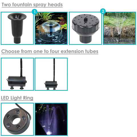 Grade A 132 GPH Solar Fountain Pump And Panel Kit Built With Dependable Battery Pack And Bright Led Light Lifts Water A Clean 56 Inches High For Zero Stress Setup And Backyard Glow Ups with two spray heads and extension tubes.