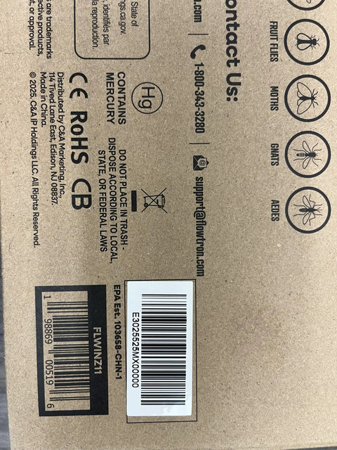 Indoor Bug Zapper Killer packaging showing contact info and bug illustrations for fruit flies, moths, gnats, and flies.