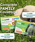 Hat and two boxes of Squito Stickers Mosquito Repellent Patches 78 Patch Pack DEET-Free All Natural Citronella Oil on grass