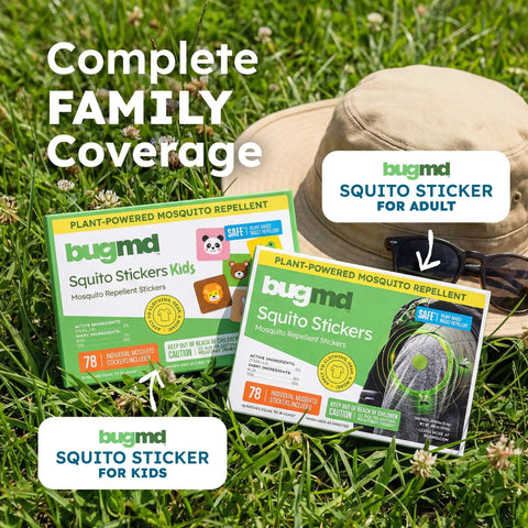 Hat and two boxes of Squito Stickers Mosquito Repellent Patches 78 Patch Pack DEET-Free All Natural Citronella Oil on grass