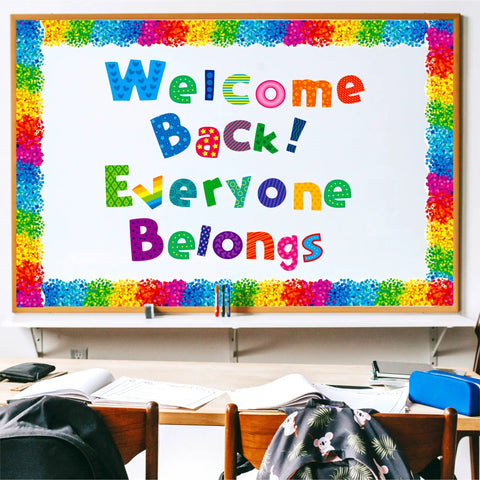 Go To Alphabet Letters Kit For Home And Classroom 288 Piece Bulletin Board Set with "Welcome Back! Everyone Belongs" message.