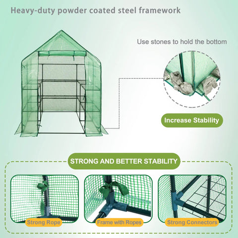 Walk-In Greenhouse With 57x61x80 Inch Footprint, 3 Tiers And 10 Shelves, Roll-Up Door And Observation Windows stability features