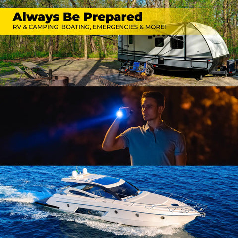 Collage showing RV camping, person using flashlight at night, and a boat on water, with text 'Always Be Prepared' for emergencies.