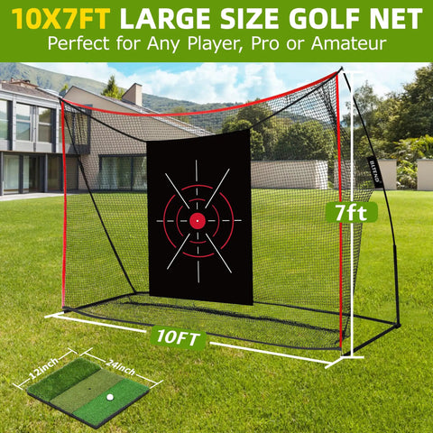 10x7ft Golf Net For Backyard Practice, Heavy Duty Hitting Net With Mat shown in backyard setting