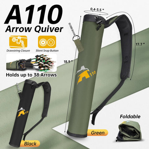 Green and black Dual Carry Archery Arrow Quiver For Hip And Back, 18.9-inch with drawstring closure and silent buckle.
