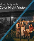 Outdoor scene showing people enjoying night gathering with color night vision from 2 pack outdoor security cameras with auto spotlight.
