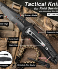 Tactical knife for field survival with 8.5 inch blade, serrated edge, ergonomic handle, and whistle & fire starter on backpack.