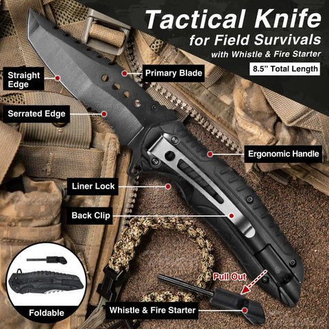 Tactical knife for field survival with 8.5 inch blade, serrated edge, ergonomic handle, and whistle & fire starter on backpack.