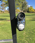 Magnetic Rangefinder Strap For Golf Carts And Rails Adjustable Mount Holder With Ultra Strong Magnets attached to golf cart rail.