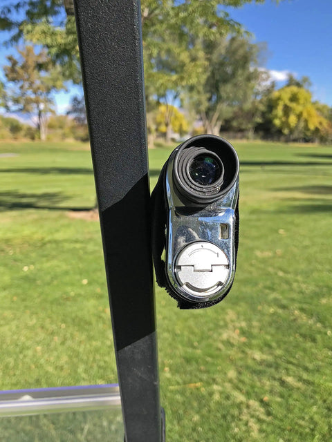Magnetic Rangefinder Strap For Golf Carts And Rails Adjustable Mount Holder With Ultra Strong Magnets attached to golf cart rail.